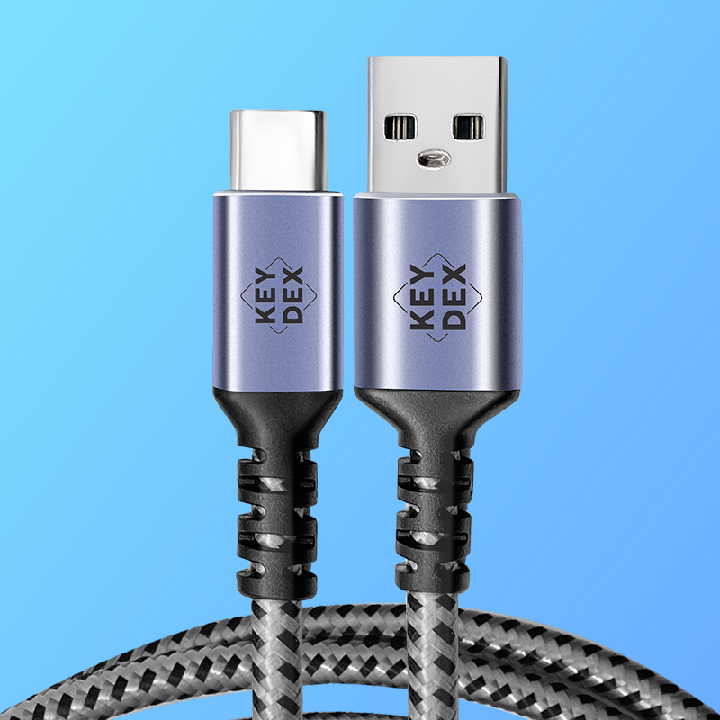 KEYDEX USB A to Type-C 180°直頭 3A快充傳輸線 銀黑色 編織鋁合金版 0.5米