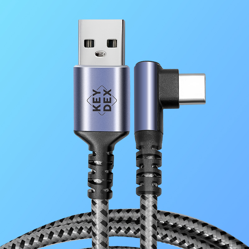 KEYDEX USB A to Type-C 90°彎頭 3A快充傳輸線 銀黑色 編織鋁合金版 1.5米