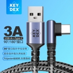 KEYDEX USB A to Type-C 90°彎頭 3A快充傳輸線 銀黑色 編織鋁合金版 1米